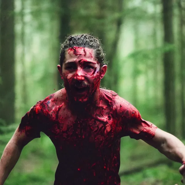 Image similar to photo of shia labeouf sprinting through the woods with dark red liquid all over his face, dramatic, cinematic, cinestill 8 0 0 t, motion blur