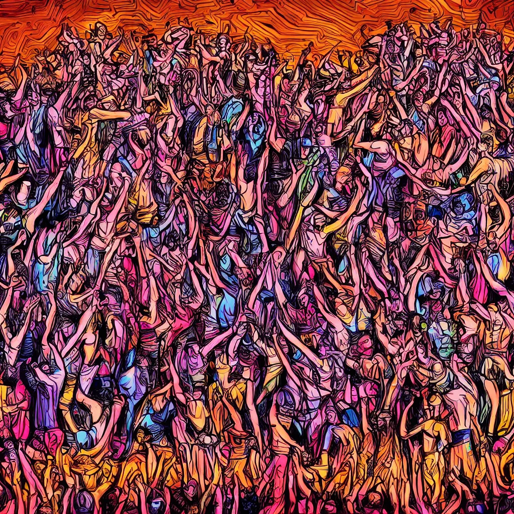 Image similar to a wooden Slavic totem of Piorun god surrounded by dancing people. Synthwave style digital art picture