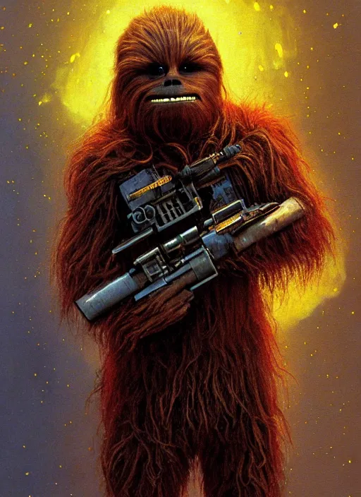 Image similar to chewbacca hyperdetailed hell armor, facing an asteroid meteor, fire, beksinski, trending on artstation