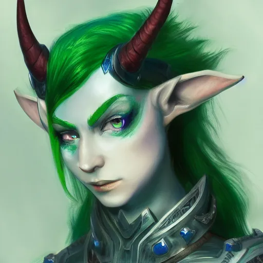 Image similar to a close up of a green haired elf person with blue eye with a horns crown red lips and wearing light armour, concept art by Lü Ji, trending on Artstation, fantasy art, official art, detailed painting, artstation hd