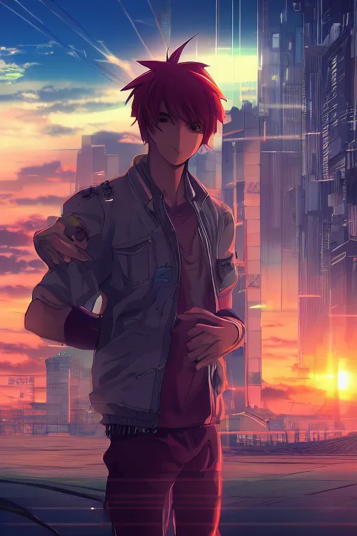 Image similar to beautiful anime man in a cyberpunk environment, sunset, very accurate and detailed, 8k