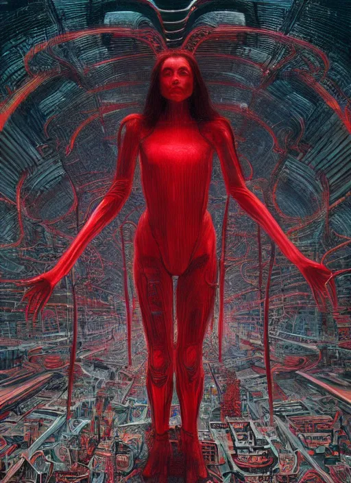 Prompt: Wanda Maximoff, dynamic pose, standing in a h.r. giger city, red, glowing, wires everywhere, by Edgar Maxence and Ross Tran, Zdzisław Beksiński, and Michael Whelan, distant, gustav dore, H.R. Giger, 8k, octane render