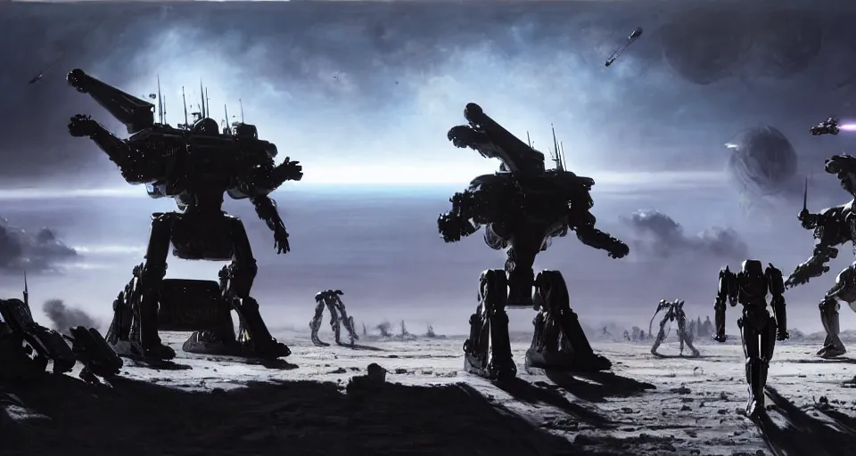 Image similar to hyper realistic sci - fi matte concept art painting of dramatic cinematic battle scene between humanoid battlemechs fighting on the moon, guns, missiles, explosions, beautiful details, strong composition painted by kim jung guweta studio rutkowski, james gurney and greg rutkowski, and lucasfilm, smooth, intricate, detailed, sharp focus, cinematic