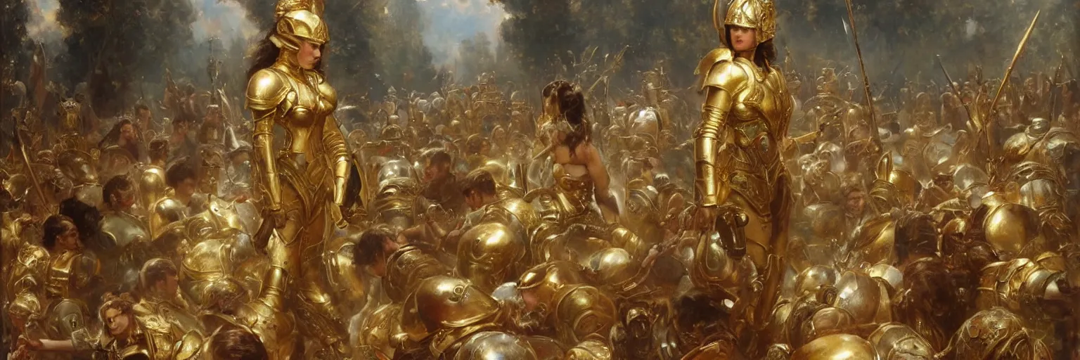 Prompt: a single young girl wearing a gold armor standing in a battlefirld, surrounded by dead bodies, extremely realistic and highly detailed painting by gaston bussiere and j. c. leyendecker 8 k