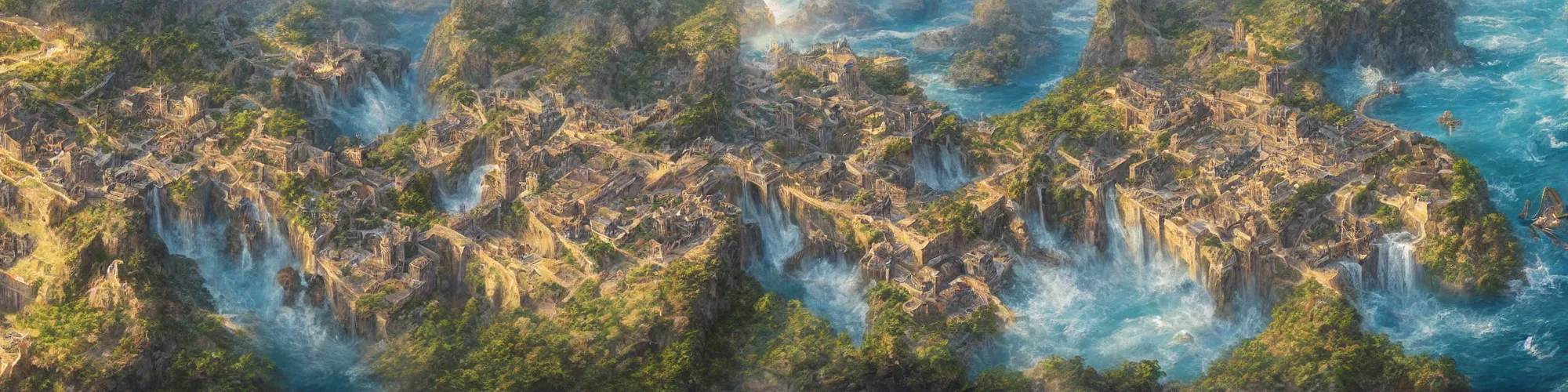 Prompt: Aerial map of a medieval city on top of a giant waterfall, D&D, fantasy, highly detailed, digital painting, sharp focus, illustration, gigapixel, art by artgerm and greg rutkowski and james gurney, cinematic, golden hour