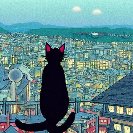 Prompt: a black cat fursona looking out over a city, Miyazaki, studio ghibli