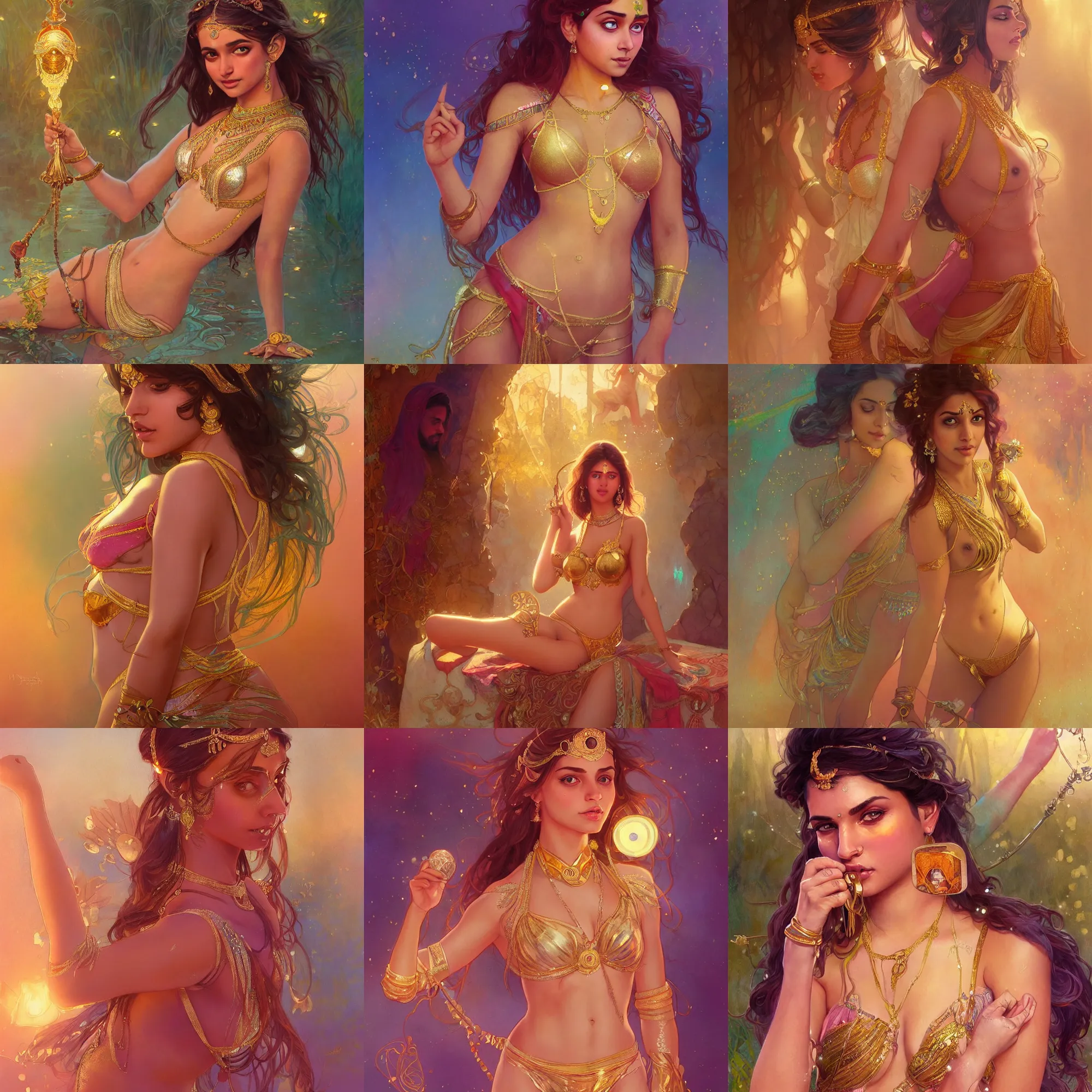 Prompt: beautiful naughty indian princess with sparkling eyes, full body portrait, highly detailed, gold transparent bikini, fantasy, soft cinematic lighting, award, disney concept art, watercolor illustration by mandy jurgens and alphonse mucha and alena aenami, pastel color palette, featured on artstation