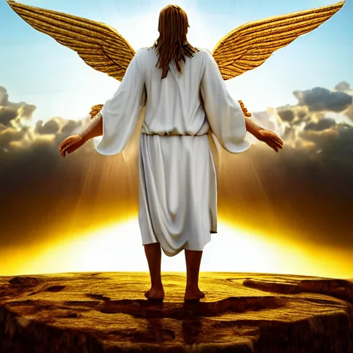 Image similar to gigantic biblical depiction of an angel towering over a vast landscape, cinematic, realistic, geometric white marble body, photorealistic, detailed, gold sky, global illumination, volumetric lighting, 8 k, god rays, beautiful, majestic clouds, soft colors, heavenly lighting