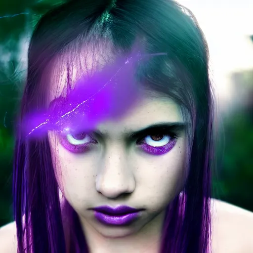 Image similar to detailed photo portrait of a furious teen girl with thin, hair-like purple tentacles on her head and bright purple eyes, 8k, trending on DeviantArt, face enhance,hyper detailed ,full of colour, dramatic lightning