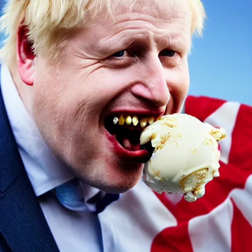 Image similar to boris johnson grinning and eating an ice cream on a hot summer day, patriotic dramatic angle, studio photography