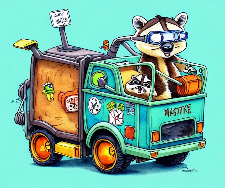 Image similar to cute and funny, racoon wearing goggles driving a tiny garbage truck, ratfink style by ed roth, centered award winning watercolor pen illustration, isometric illustration by chihiro iwasaki, edited by craola, tiny details by artgerm and watercolor girl, symmetrically isometrically centered