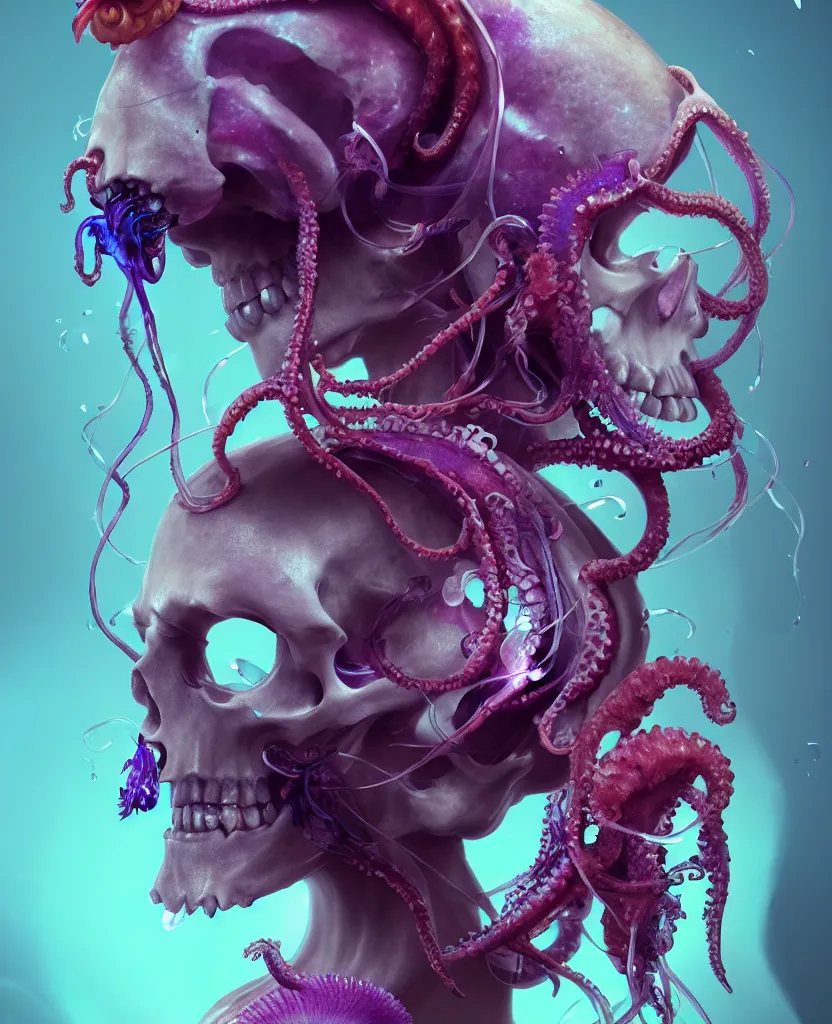 Image similar to goddess close - up portrait human skull, ram skull, squid phoenix jellyfish, orchid, betta fish, bioluminiscent, intricate artwork by tooth wu and wlop and beeple. octane render, trending on artstation, greg rutkowski very coherent symmetrical artwork. cinematic, hyper realism, high detail, octane render, 8 k