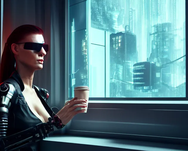 Image similar to a terminator cyborg lady with borg implants and optical fibers is drinking coffee near a window with dystopian city visible outside. very detailed 8 k. cyberpunk style. unreal engine render. global illumination. nanite. rtx. path tracing.