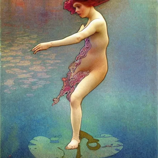 Prompt: Young girl dancing at the bottom of the sea,Perfecting the contours of the face,full-body,Realistic style,smog,Corals, aquatic plants, tropical fish,by Alfons Maria Mucha style