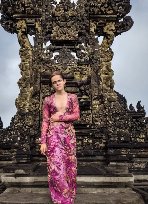 Prompt: emma watson wearing kebaya bali in bali. iconic place in bali. front view. instagram holiday photo shoot, 5 0 mm