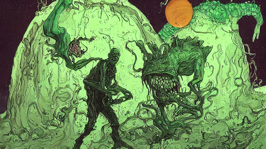 Prompt: a kid abducted by alien, by asaf hanuka, by karol bak, by tony diterlizzi, colored pencil, fine art, scary creature coming out of his mouth, green slime dripping, dark fantasy