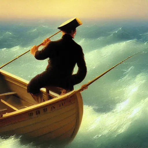 Prompt: detailed painting of a man fishing on a small boat in the ocean by Ivan Aivazovsky, 4k details