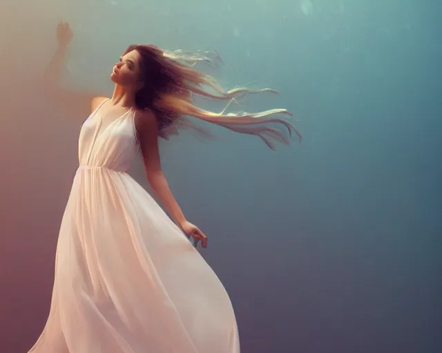 Image similar to beautiful female, full body, in long flowy dress, underwater, cinematic volumetric lighting, soft bokeh, glow, 8 k, by lexi laine, by wlop, by ross tran, fashion photography