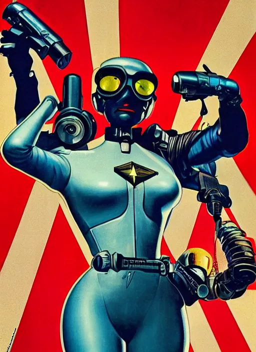 Image similar to american propaganda poster. cyberpunk pilot. portrait by jean giraud and anton otto fischer and john philip falter and will eisner and gil elvgren and pixar. realistic proportions. character art. science fiction d & d. overwatch, rb 6 s, cyberpunk 2 0 7 7, blade runner 2 0 4 9.