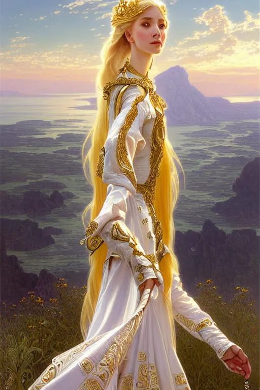 Prompt: portrait of a humanoid princess with long blonde hair, standing next to a beautiful view, ornate white officers outfit with gold embellishments, intricate, elegant, highly detailed, oil painting, illustration, art by artgerm and greg rutkowski and alphonse mucha, 8 k