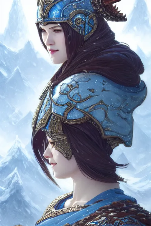 Prompt: azure viking warrior, regal, elegant, winter, snow, beautiful, stunning, hd, illustration, epic, d & d, fantasy, intricate, elegant, highly detailed, digital painting, artstation, concept art, smooth, sharp focus, illustration, wallpaper, art by artgerm and greg rutkowski and alphonse mucha and jin xiaodi