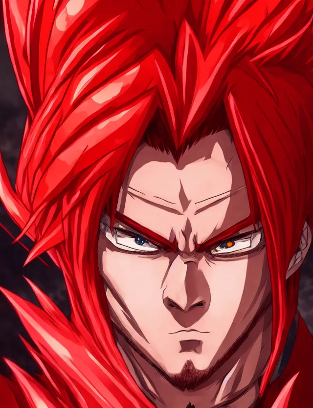 Image similar to a detailed manga portrait of a handsome man with spiked crimson hair in fiery crimson crystalline armour, trending on artstation, digital art, 4 k resolution, detailed, high quality, sharp focus, hq artwork, coherent, insane detail, character portrait