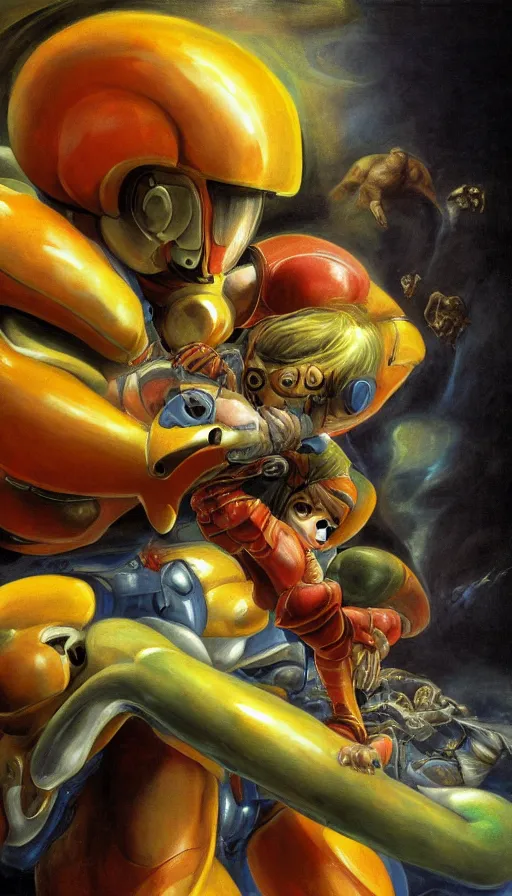 Prompt: samus devouring her metroid child a mural by francisco goya, 4 k, high quality