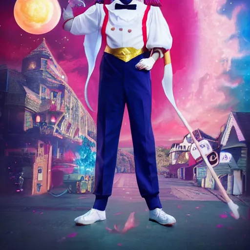 Prompt: Rowan Atkinson in-costume as Sailor Moon in the upcoming live-action TV adaptation, high-budget, sailor moon mr. bean, crisp detailing, dramatic lighting, promotional image, character portrait by Tom Bagshaw, 4k