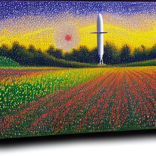 Image similar to spacex starship rocket landing in a field of flowers at sunset, pointillism painting