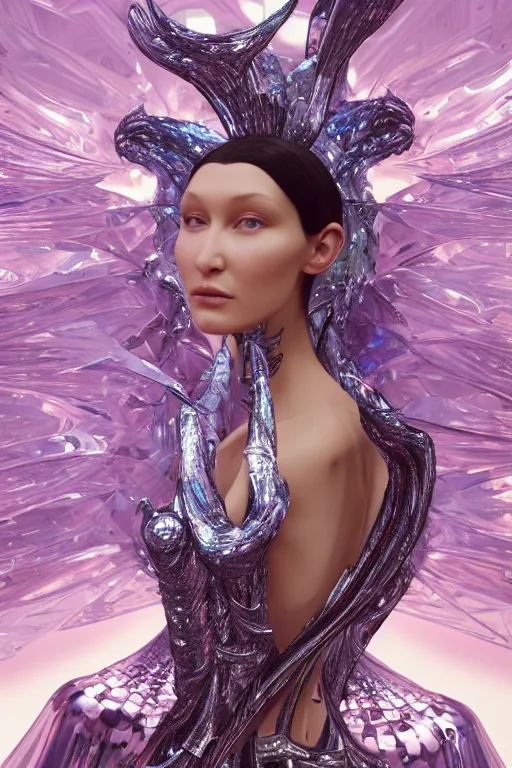 Image similar to a highly detailed 4 k render of a beautiful angel alien goddess bella hadid in iris van herpen dress schiaparelli in diamonds in style of alphonse mucha trending on artstation made in unreal engine 4