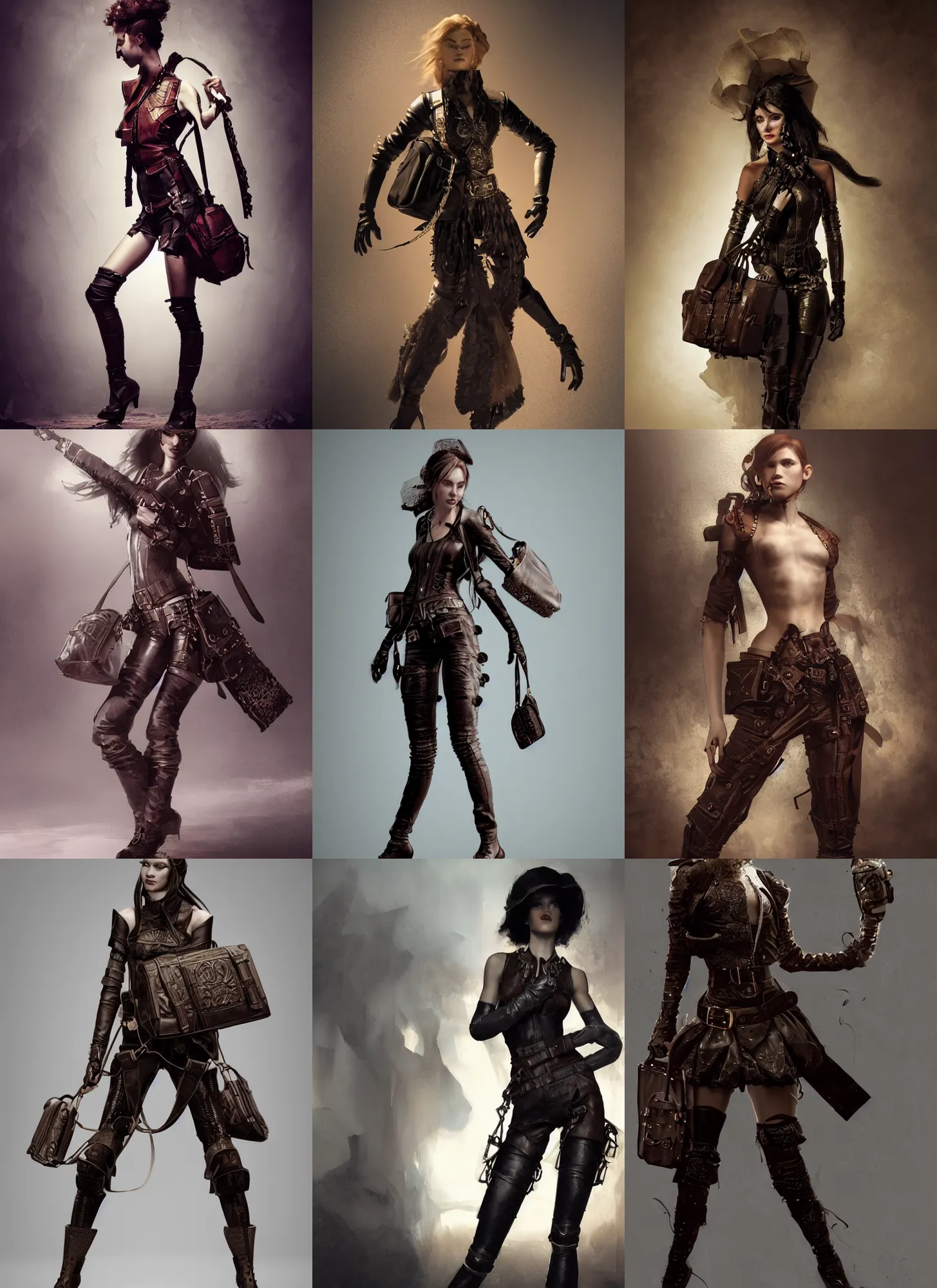 Prompt: standing pose of a young woman wearing a leather outfit with straps and padding and satchels and bags and holsters and decorations,!!! haute couture!!!, elaborate, intricate, in the style of craig mullins and jeremy mann and ashley wood, dramatic lighting, octane render, fashion shoot, runway, sharp focus