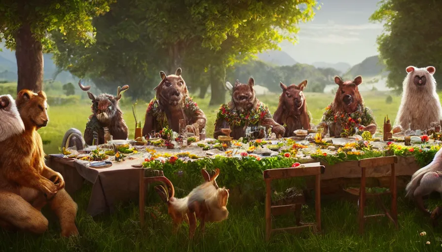 Image similar to a table dinner of animals where animals are dressed like the characters from the midsommar movie wearing flowers, realistic detailed digital art by maxwell boas jessica rossier christian dimitrov anton fadeev trending on artstation cgsociety rendered in unreal engine 4 k hq