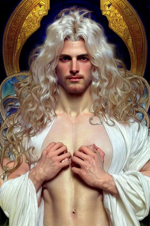 Prompt: painted portrait of god of the universe, divine god, white hair, muscular, invincible, beautiful, upper body, white robe, fantasy, intricate, elegant, highly detailed, digital painting, artstation, concept art, smooth, sharp focus, illustration, art by gaston bussiere and alphonse mucha