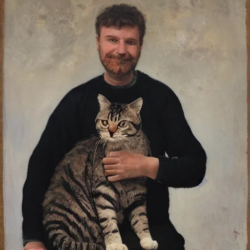 Prompt: a portrait of a man sitting on the shoulder of a huge cat