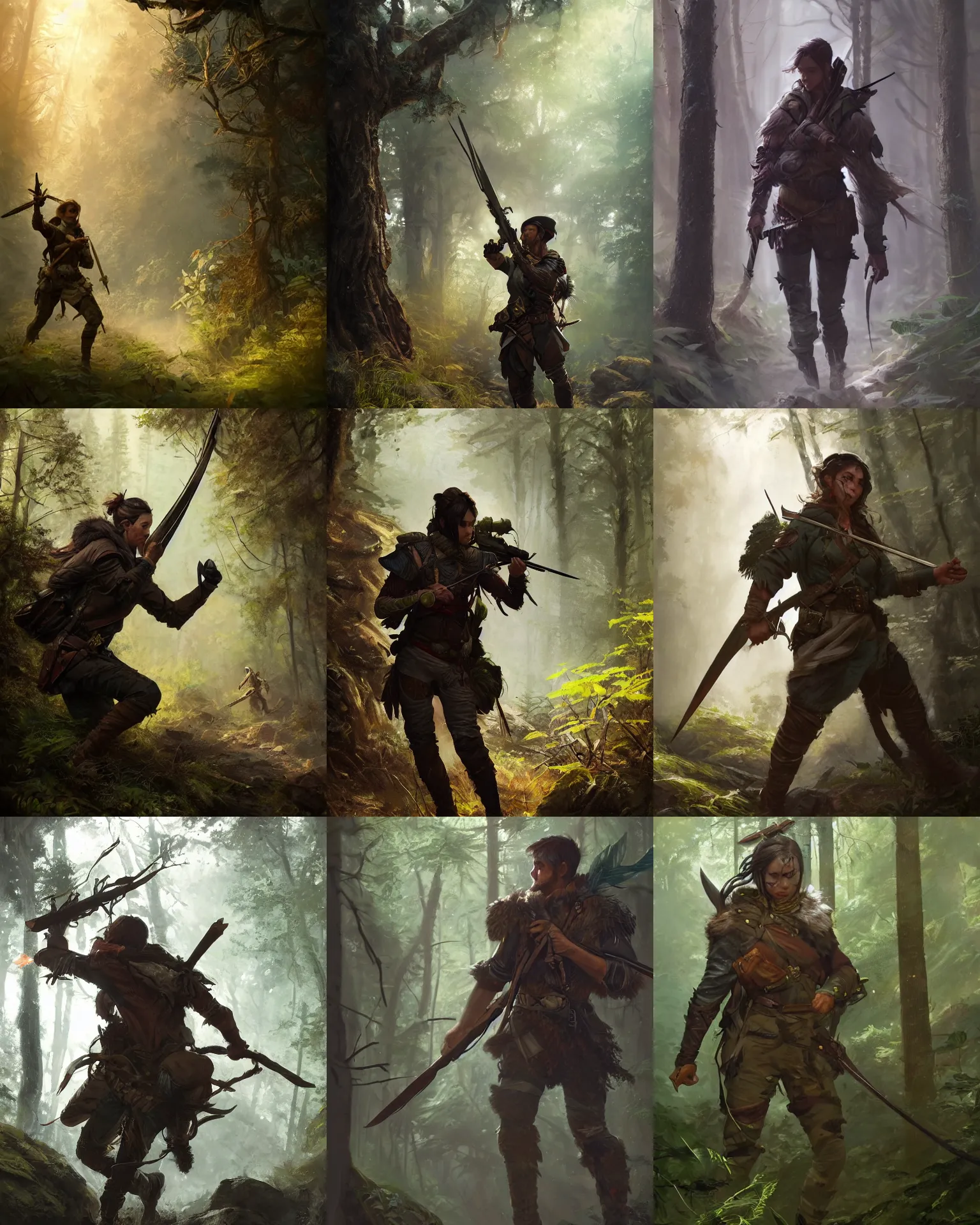 Prompt: a beautiful action portrait of a DnD-ranger hunting in a forest, face is brightly lit, by Greg Rutkowski and Raymond Swanland, Trending on Artstation, ultra realistic digital art