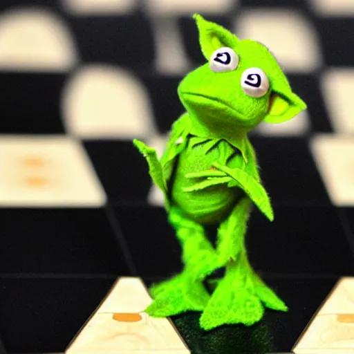 Image similar to photo of ( hybrid of kermit the frog and yoda ) playing chess