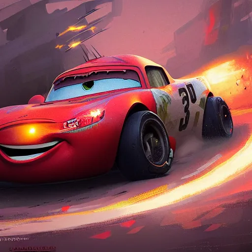 Image similar to lightning mcqueen crash in heavily by greg rutkowski