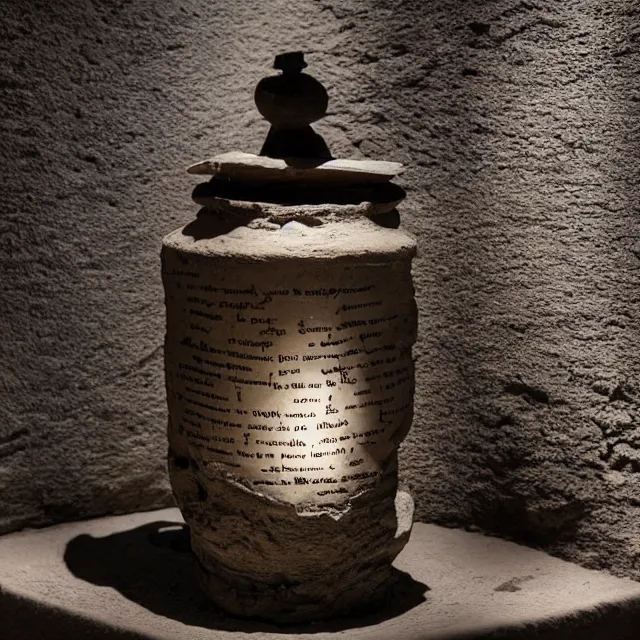 Image similar to a photo of a museum display showing a cylindrical clay jar, holding a dead sea scroll with nabeatean writing, dark, brooding, atmospheric, volume lighting