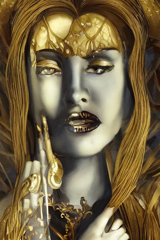 Image similar to An extremely beautiful Art Deco ornate portrait of a young attractive woman with a beautiful bone structure, professionally painted digital art illustration, smooth, sharp focus, atmospheric lighting, highly detailed illustration highlights, golden ratio, extremely detailed winning award masterpiece, very coherent symmetrical artwork, sense of awe, 8K post-processing, trending on artstation flawless, prismatic highlights, telephoto, depth of field, cinematic, macro, concept art, wepa digital, elegant, epic, octane render, v-ray, C4D