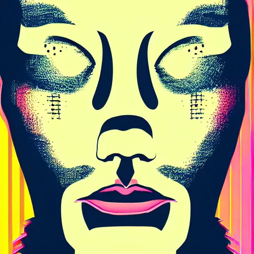 Prompt: a face with a tatoo of semi colon in retro colors, synthwave style, 2 d digital vector art