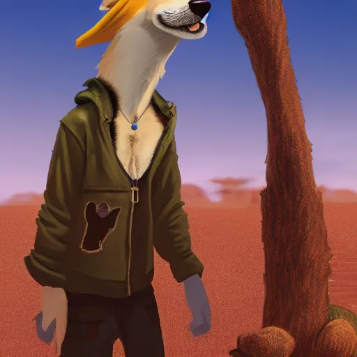 Image similar to stylized three quarters portrait concept art of the anthro anthropomorphic dingo dog head animal person fursona wearing clothes adventurer standing in australia outback, hidari, color page, tankoban, 4 k, tone mapping, akihiko yoshida, clean bright happy