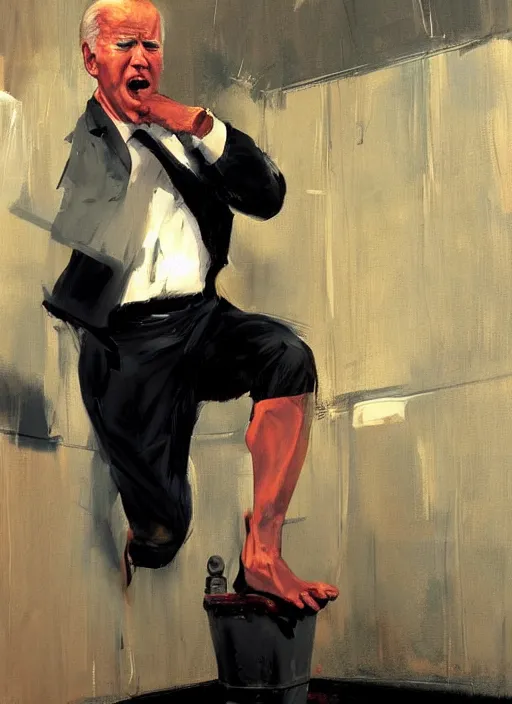 Prompt: joe biden shitting on toilet!!!!!!!!!!!!!!!!!! straining, red face, uh oh!, painting by phil hale, fransico goya,'action lines '!!!, graphic style, visible brushstrokes, motion blur, blurry, visible paint texture, crisp hd image