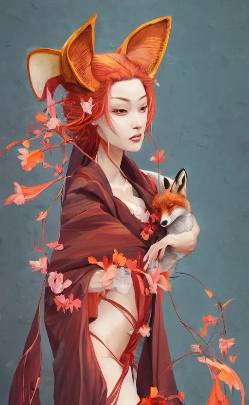 Prompt: An beautiful digital painting of a woman with fox ears and nine tails wearing a kimono, by Stanley Artgerm Lau, WLOP, Rossdraws, James Jean, Andrei Riabovitchev, Marc Simonetti, and Sakimichan, trending on artstation