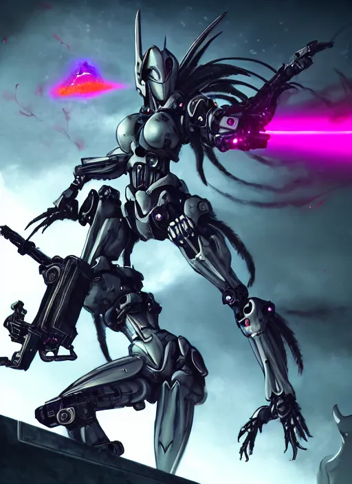 Image similar to epic cinematic shot of singular stunning beautiful hot anthropomorphic mecha female dragon fighting in the nuclear war with laser rifle, has silver armor and fuchsia skin, skeletons on the ground, bleak atmosphere, warframe fanart, terminator art, epic scale, furaffinity, deviantart, octane