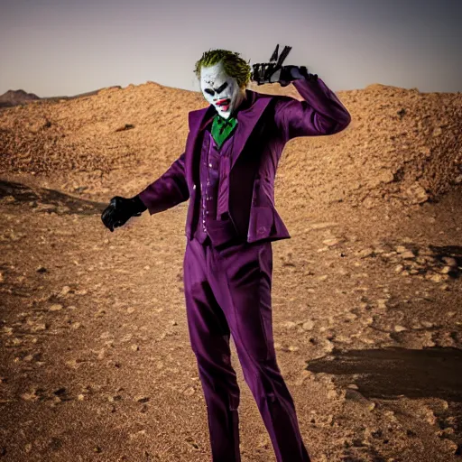 Image similar to A professional picture of the joker wearing a suit of enclave advanced power armor in the desert, 8k, dslr, cinematic, depth of field,