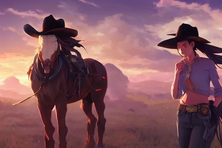 Image similar to western cowgirl, single subject, scenic full shot, ambient lighting, detailed face, by makoto shinkai, stanley artgerm lau, wlop, rossdraws