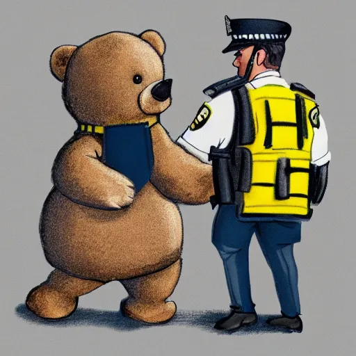 Prompt: Pudsey the bear being arrested by the police after a night out at wetherspoons, photorealistic, 4k