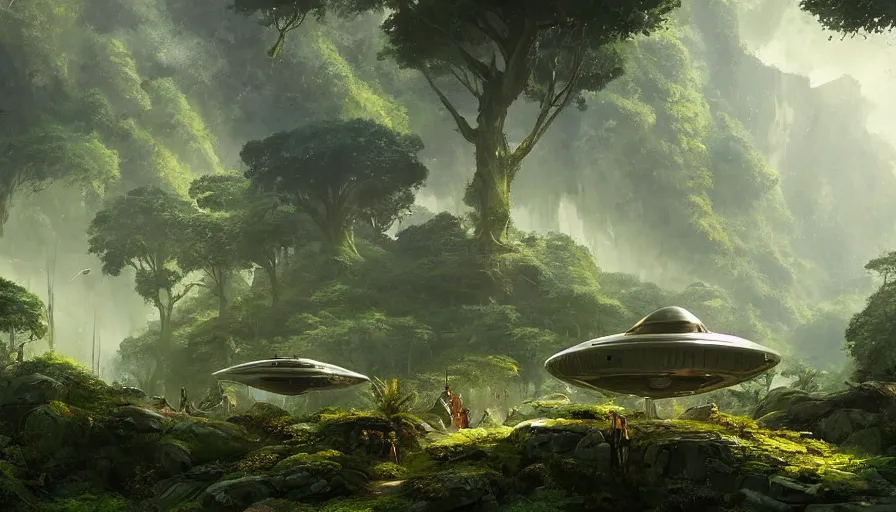 Image similar to a beautiful painting of odysseus spaceship in a lush jungle, ray traced lighting by kalin popov and greg rutkowski