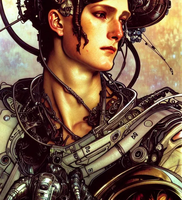 Prompt: realistic detailed face portrait of a handsome futuristic captain in alien cyberpunk armor by alphonse mucha, ayami kojima, amano, greg hildebrandt, and mark brooks, female, feminine, art nouveau, cyberpunk, neo - gothic, gothic, masterpiece artwork, character concept design,