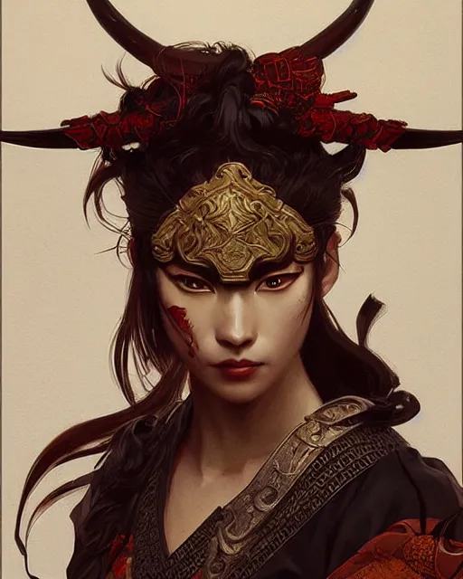 Image similar to samurai with demon mask, dark fantasy, intricate, elegant, highly detailed, digital painting, artstation, concept art, smooth, sharp focus, illustration, artstation, cgsociety, art by artgerm and greg rutkowski and alphonse mucha